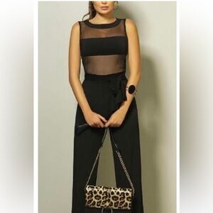 Joseph Ribkoff Mesh Top Black Wide Leg Tie Waist Jumpsuit Size 6